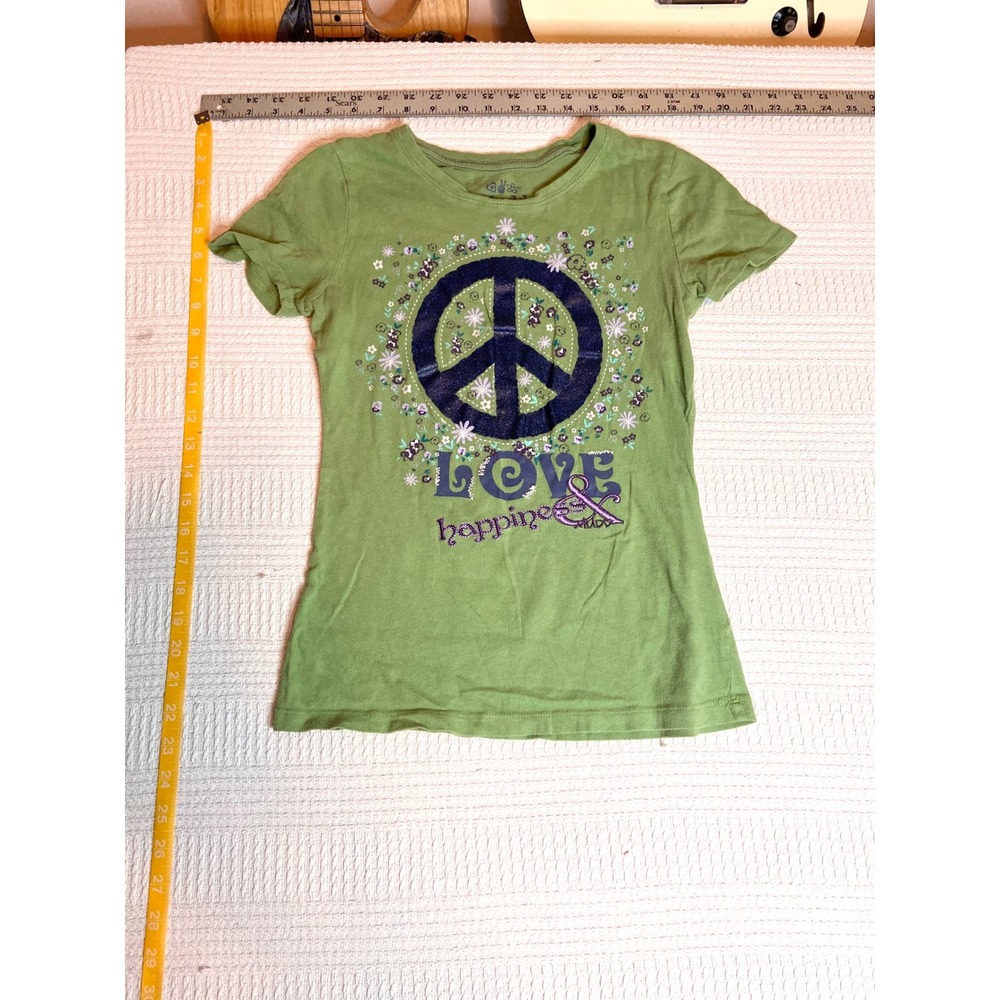 Y2K Mudd Girls Green Peace Sign Graphic Tee Shirt Love Happiness Floral Cotton